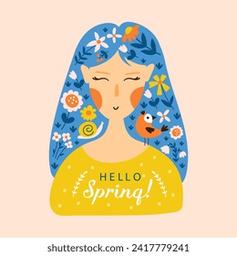 Hello Spring greeting card with woman. Vector illustrations