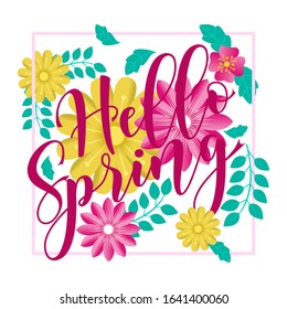 hello spring greeting card with yellow and pink flowers template. for spring cards. vector illustration