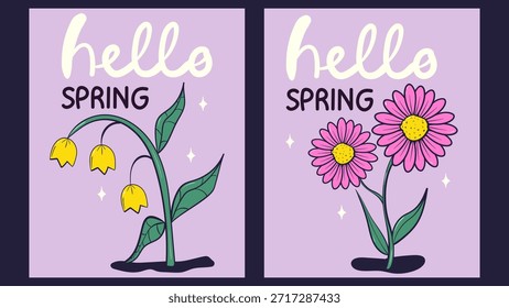 Hola tarjetas de felicitación de primavera conjunto de invitación con flores brillantes. Floral primavera dibujado a mano ilustración.
