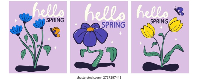 Olá primavera cartões convite conjunto com flores brilhantes. Ilustração desenhada à mão da primavera floral.