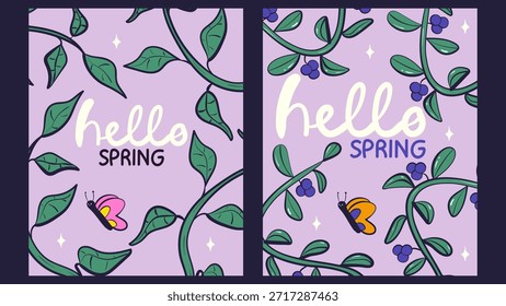 Hola tarjetas de felicitación de primavera conjunto de invitación con ramas y mariposa. Floral primavera dibujado a mano ilustración.