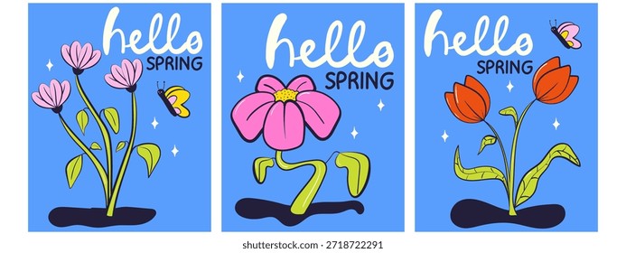 Hola tarjetas de felicitación de primavera conjunto de invitación con flores brillantes. Floral primavera dibujado a mano ilustración.