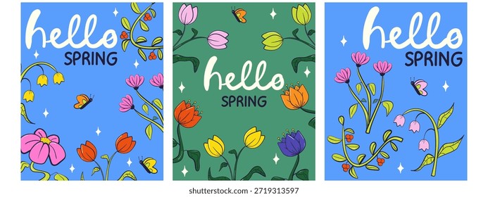 Hola tarjetas de felicitación de primavera conjunto de invitación con flores brillantes. Floral primavera dibujado a mano ilustración.