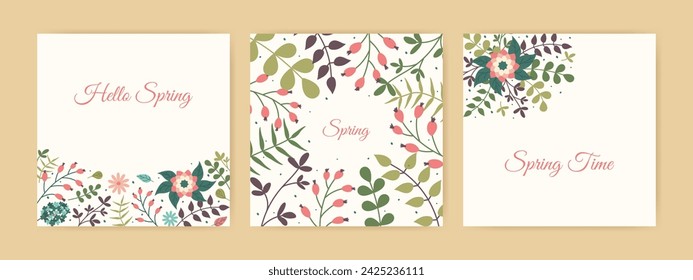 Juego de tarjetas de felicitación de primavera con flores dibujadas a mano. Bonitas postales florales. Plantillas cuadradas de Vector Springtime para póster o publicación en redes sociales. Marcos y letras de Bright Bloom.