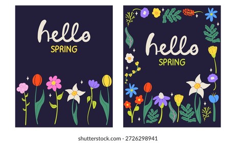 Olá primavera cartões definir convite com flores desenhadas à mão. Ilustração floral da primavera.