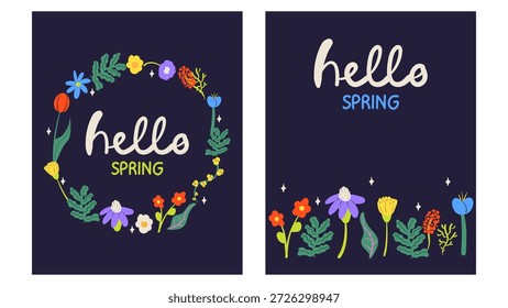 Olá primavera cartões definir convite com flores desenhadas à mão. Ilustração floral da primavera.
