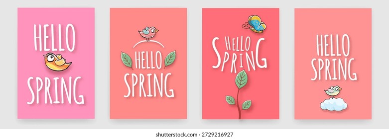 Hallo Frühlings-Grußkarten mit niedlichen Vögeln und Schmetterling, saisonale Poster, Vektorgrafik mit handgezeichneter Typografie auf rosafarbenem und korallenfarbenem Hintergrund. Hallo März