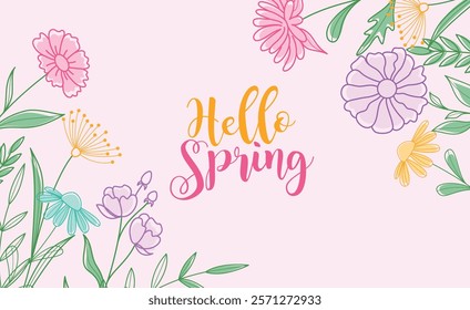 Hello spring greeting clipart background. Spring flowers and leaves in colorful watercolor drawing for greetings and invitation card design. Vector illustration floral wallpaper clip art. 
