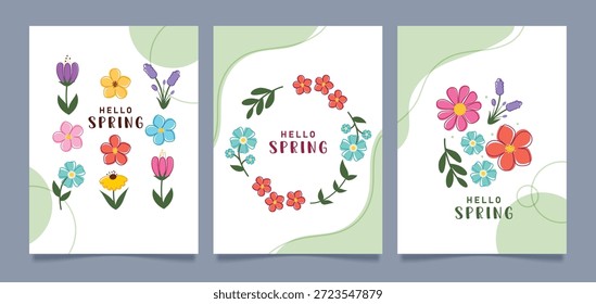 Hello Spring saudação clipart poster set. Hello Spring cartão de saudação com colorido desenho flores esboço clip art coleção em branco abstrato mola floral poster design modelo vetor ilustração.
