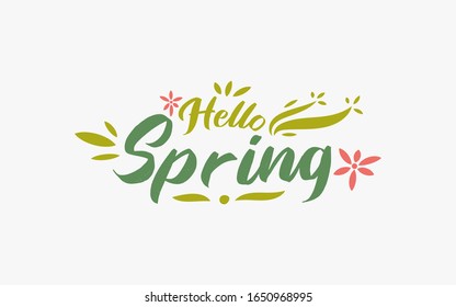 Hello spring greeting design banner.  Hello spring lettering with leaves, flower on white background.