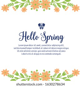 hello spring greeting Modern card design, with elegant leaf and wreath frame. Vector