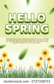 Hola Póster de felicitación de primavera con flores y hojas verdes