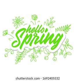 Hello spring greeting sticker with hand-drawn floral elements. isolated on white background