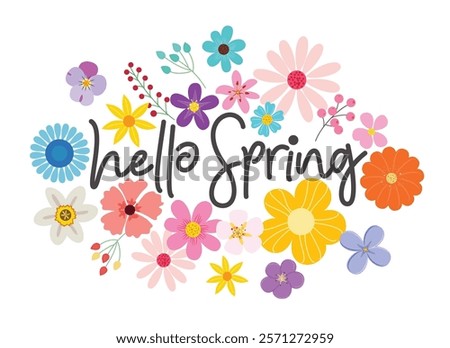 Hello spring greeting text clipart design. Spring flower bouquet in colorful watercolor drawing for greeting and invitation card clip art. Vector illustration floral bouquet design.   
