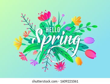 Hello spring greeting word text vector background with flat simple bloom flowers, leaves isolated on blue backdrop. Floral springtime graphic design illustration for poster, banner, card, invitation.