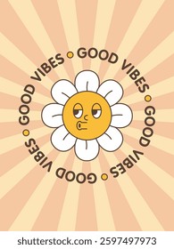 Hello spring, groove poster,postcard.Retro characters, 70s.Cartoon vector illustration
