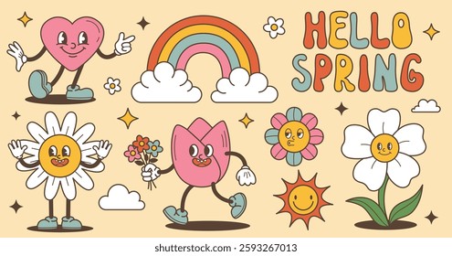 Hello spring, groovy elements set.Flowers,heart,sun,rainbow,lettering.Retro characters, 70s.Cartoon vector illustration