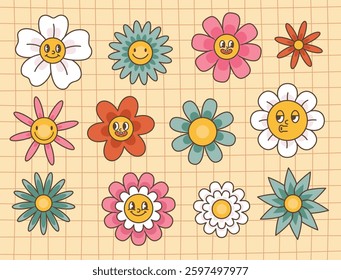 Hello spring, groovy Flowers.Retro characters, 70s.Cartoon vector illustration
