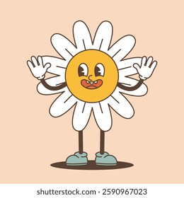Hello spring, groovy poster,postcard.Retro characters, 70s.Cartoon vector illustration