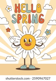 Hello spring, groovy poster,postcard.Retro characters, 70s.Cartoon vector illustration