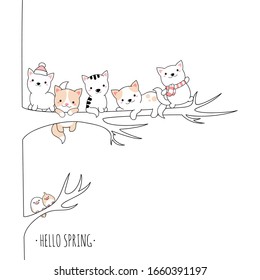 Hello spring. Group of cute cats and bird on tree branch in kawaii style. Isolated on white background. Vector illustration for design of t-shirts, posters, prints, cards and other uses. EPS8