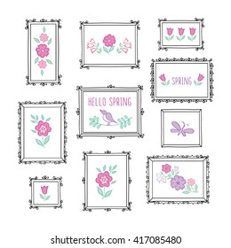 Hello spring. Hand drawn black vintage frames and colored flowers. Doodles, sketch for your design. Vector illustration.