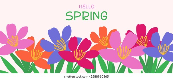 Hello Spring. Hand drawn bright flowers on delicate background, spring banner. Fashionable spring cover concept.
