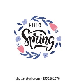 Hello Spring - hand drawn brush lettering. Spring season advertising. Social media banner vector template with pink flowers and leaf