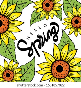 Hello Spring hand drawn brush lettering with sunflower.