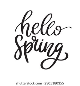 Hello Spring hand drawn brush lettering. Isolated Typographic Design Label with black text. Spring poster. Logo Templates. Vector illustration for spring, shop, discount, sale, flyer, decoration. 