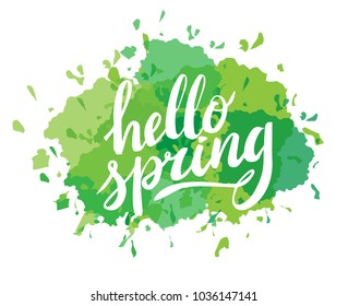 Hello Spring. Hand drawn calligraphy and brush pen lettering. design for holiday greeting and seasonal spring holiday card. Green pastel background