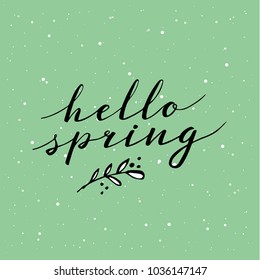 Hello Spring. Hand drawn calligraphy and brush pen lettering. design for holiday greeting and seasonal spring holiday card. Green pastel background