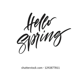 Hello Spring. Hand drawn calligraphy and brush pen lettering. Vector illustration EPS10