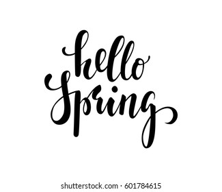 Hello Spring. Hand drawn calligraphy and brush pen lettering. design for holiday greeting card and invitation of seasonal spring holiday.