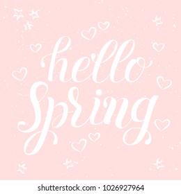 Hello Spring hand drawn card, badge typography icon. Lettering spring season on pink background for greeting card, invitation template. Retro, vintage lettering banner poster template background