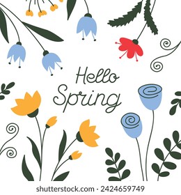 Hello Spring hand drawn card, lettering spring season floral vector greeting card, invitation