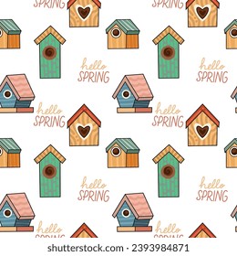 Hola primavera. Dibujado a mano de casas coloridas de pájaros lindos, patrón inquebrantable.