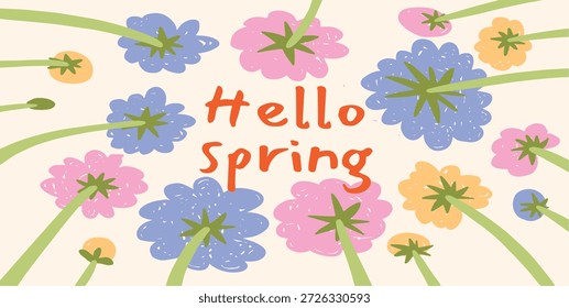 Hallo Frühling handgezeichnete Crayon Doodle Floral Illustration, Verspielte Blumen von unten, Pastellfarben, Kinderstil, Flat Vector Illustration auf hellem Hintergrund