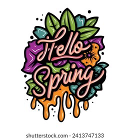 hello spring with hand drawn design