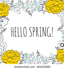 Hello spring! Hand drawn different colored spring flowers. Sketch, design elements. Vector illustration.