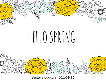 Hello spring! Hand drawn different colored spring flowers. Sketch, design elements. Vector illustration.