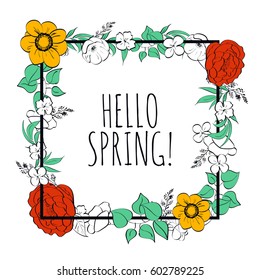 Hello spring! Hand drawn different colored spring flowers. Sketch, design elements. Vector illustration.