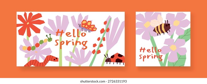Hola primavera dibujado a mano Doodle ilustración floral. Insectos lindos en flores, abeja, mariposa, oruga. Arte infantil juguetón. Apliques coloridos. Ilustración vectorial plana sobre fondo claro