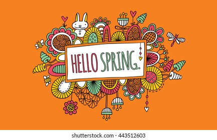 Hello Spring Hand Drawn Doodle Vector Orange Background
Bright vector illustration of a sign with the words hello spring surrounded by abstract shapes, swirls, flowers, rabbit, hearts, and new growth 