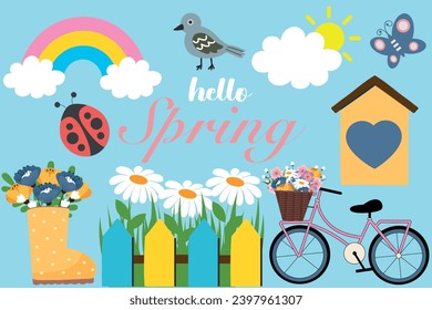 Hello spring hand drawn element collection. Concept of gardening. Garden tools. Banner with summer garden landscape. Flat style, vector illustration.