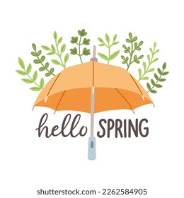 Hello Spring hand drawn flat vector illustration. Lettering spring season with umbrella for greeting card