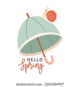 Hello Spring hand drawn flat vector illustration. Lettering spring season with umbrella for greeting card