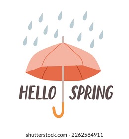 Hello Spring hand drawn flat vector illustration. Lettering spring season with umbrella for greeting card