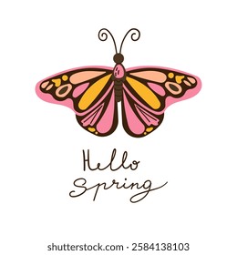 Hello Spring hand drawn flat vector hand drawn illustration. Lettering spring season with butterfly for greeting card , poster or web design and social media .