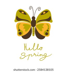 Hello Spring hand drawn flat vector hand drawn illustration. Lettering spring season with butterfly for greeting card , poster or web design and social media .